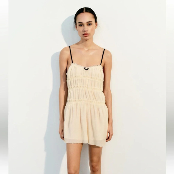 ZARA LITTLE BOW BLACK TEXTURED DRESS - Picture 8 of 16